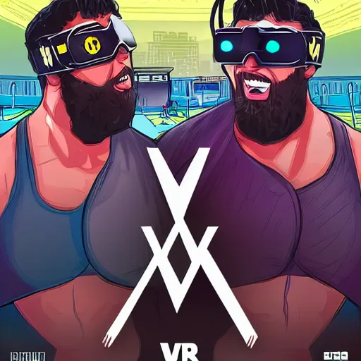 Image similar to wrestlemania wrestlers wearing vr goggles, gta cover, trending on artstation, digital illustration