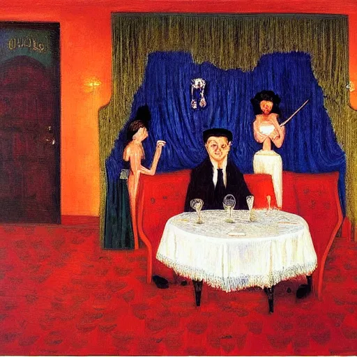 Image similar to oil painting of a satirical speakeasy by florine stettheimer