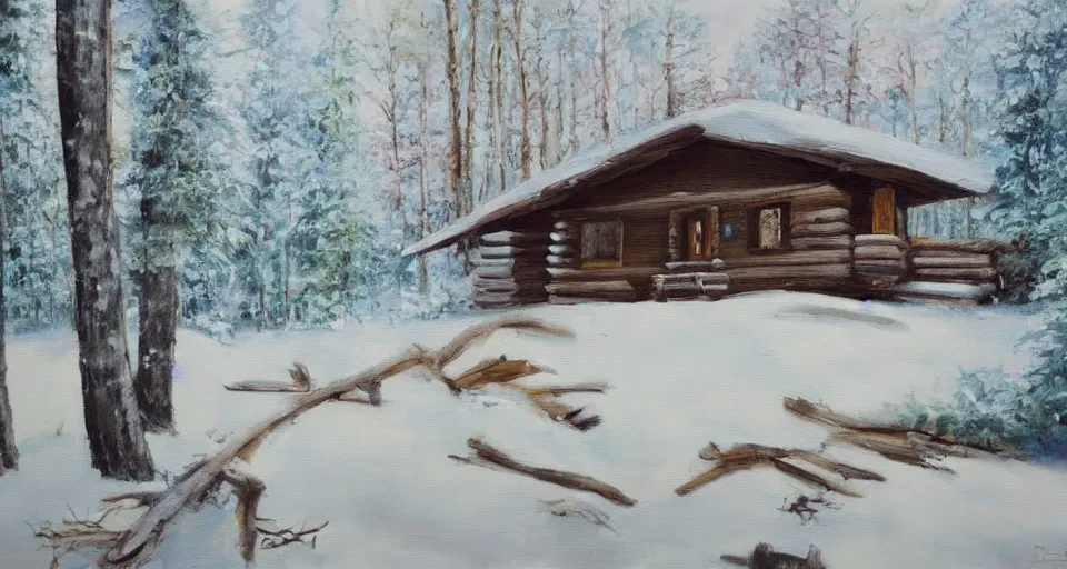 Prompt: one log cabin in the thick forest, beautiful painting, oil on canvas, by Ewa Czarniecka, award winning masterpiece,