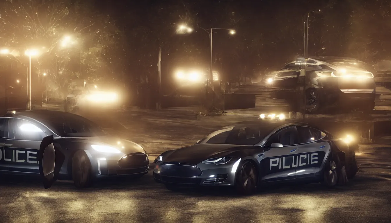 Image similar to Police Tesla at night with lights on, photorealistic, cinematic