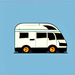 Image similar to very very very stylized minimal vector graphic of a thor chateau motorhome, mountains, highway and sunset!!, white background, dramatic, professional minimal simplified graphic design cartoon, 3 colors!!