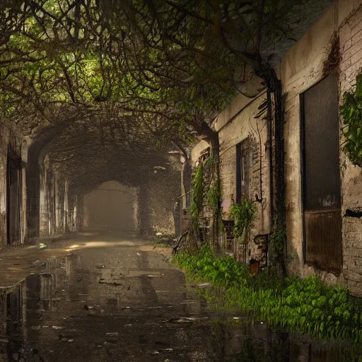 Image similar to dark, dingy, wet, cramped, rural city, street run down, overgrown with large fungus, 4k, high detail