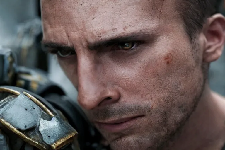 Image similar to VFX movie of a futuristic spacemarine closeup portrait in war zone, beautiful natural skin natural lighting by Emmanuel Lubezki