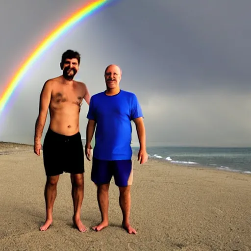 Prompt: two men on a beach wearing n 9 5 s, with a rainbow in the background, photograph