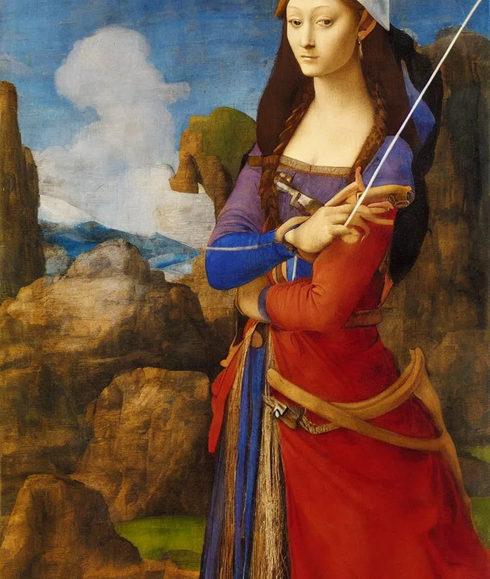 Prompt: oil painting half-length portrait of Princess Zelda holding a bow by Leonardo da Vinci