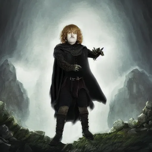 Prompt: portrait of a very small pale cowardly hobbit man wearing dark cloak, rogue, looking terrified, round face, fantasy artwork, dnd, looking sideways, high fantasy