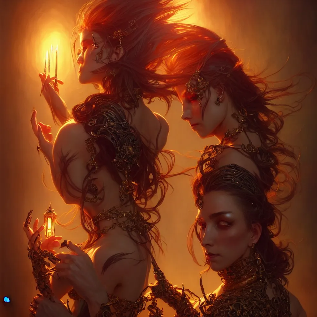 Prompt: Beautiful Evil Necromancer Sorceress, fantasy magic, undercut hairstyle, dramatic lighting, golden hour, close to night, intricate, elegant, sharp focus, illustration, highly detailed, digital painting, concept art, matte, art by WLOP and Artgerm and Greg Rutkowski and Alphonse Mucha, masterpiece
