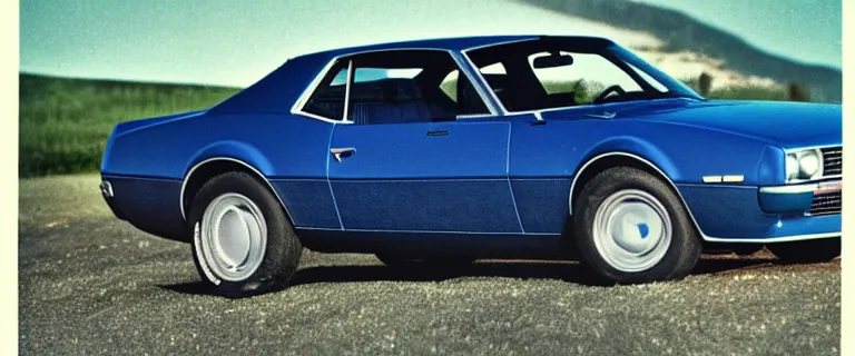 Image similar to denim blue audi camaro b 1 ( 1 9 6 7 ), 8 0 s retro poster, establishing shot