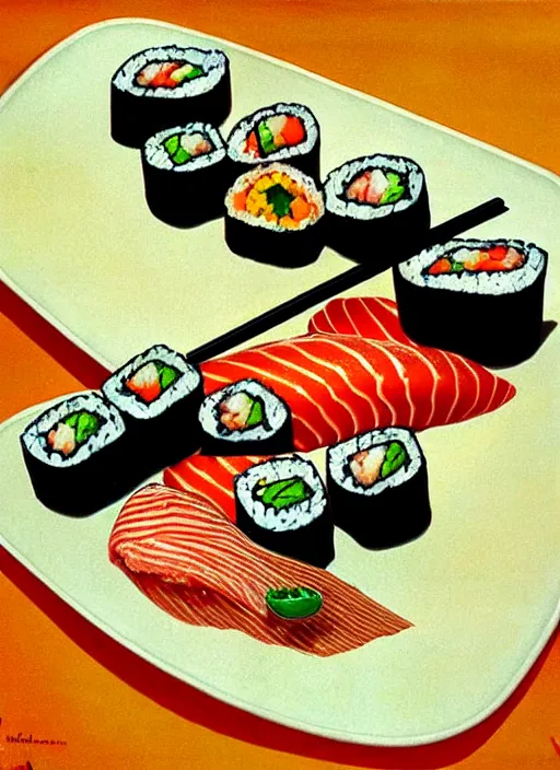 Prompt: clear photorealistic picture of disproportionate sushi, by salvador dali