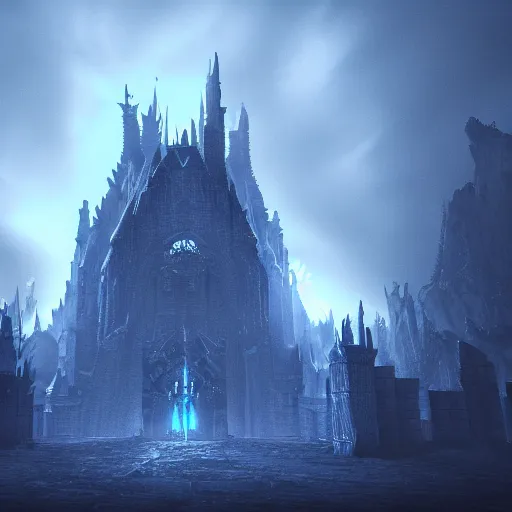 Prompt: A Dark castle of Lich King, in style of Richard Wright, black and blue color scheme, octane render, cinematic, color grading