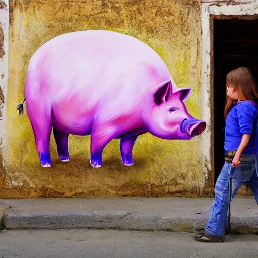 Image similar to giant pig painting walking through a village, surreal, photo realistic