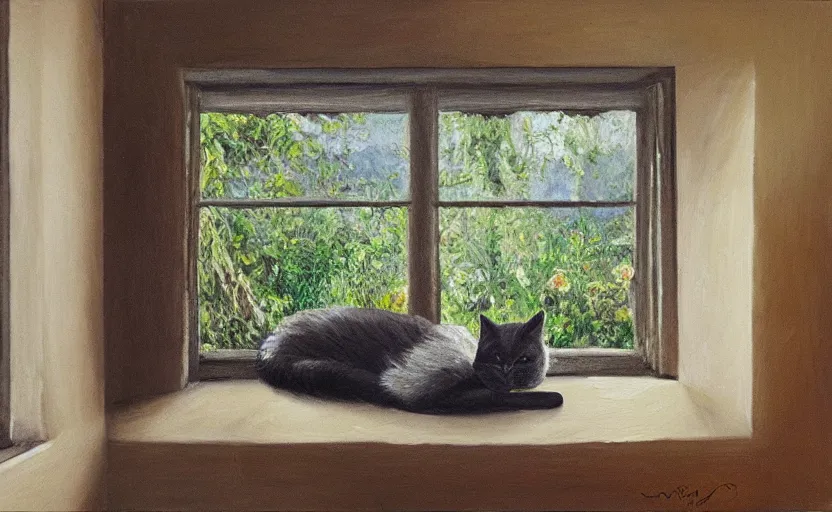 Image similar to sleeping cat on window, inside house in village, plants, detailed oil painting