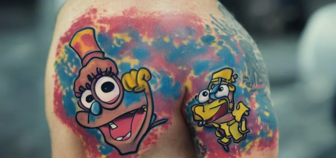 Image similar to spongbob with tattoos photorealism bokeh