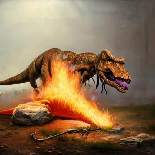 Image similar to a hype rrealistic painting a dinosaur beef on a spit, cooked