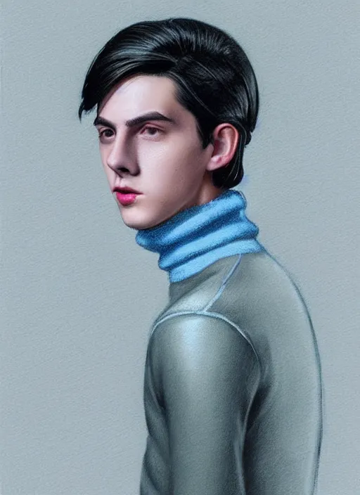 Image similar to portrait of teenage jughead jones wearing a light grey crown, crown, blue turtleneck, 1 9 5 0 s, closed eyes, photorealistic, black hair, glowing lighting, intricate, elegant, glowing lights, highly detailed, digital painting, artstation, concept art, smooth, sharp focus, illustration, art by wlop, mars ravelo and greg rutkowski