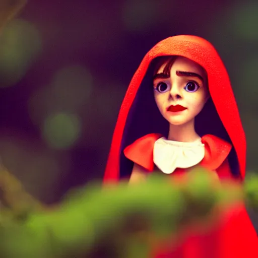 Image similar to a cinematic film still of a claymation stop motion film starring emma watson as little red riding hood, looking at big wild wolf, shallow depth of field, 8 0 mm, f 1. 8