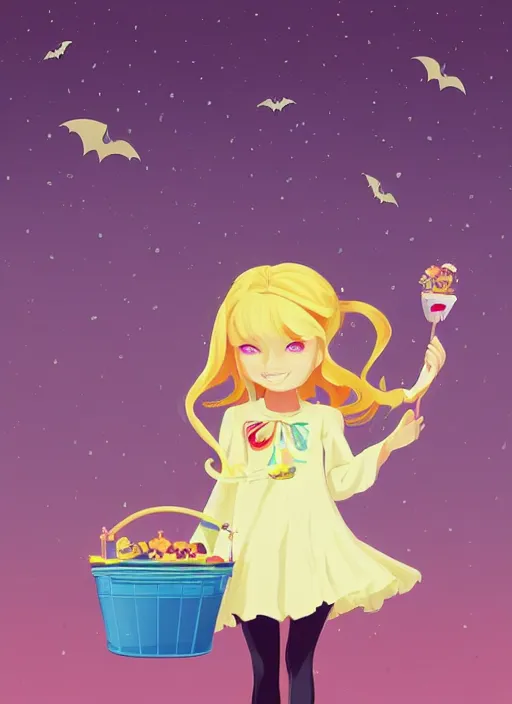 Image similar to three year old girl with long blonde hair in a halloween scene. she is carrying a candy bucket. clean cel shaded vector art. shutterstock. behance hd by lois van baarle, artgerm, helen huang, by makoto shinkai and ilya kuvshinov, rossdraws, illustration, art by ilya kuvshinov