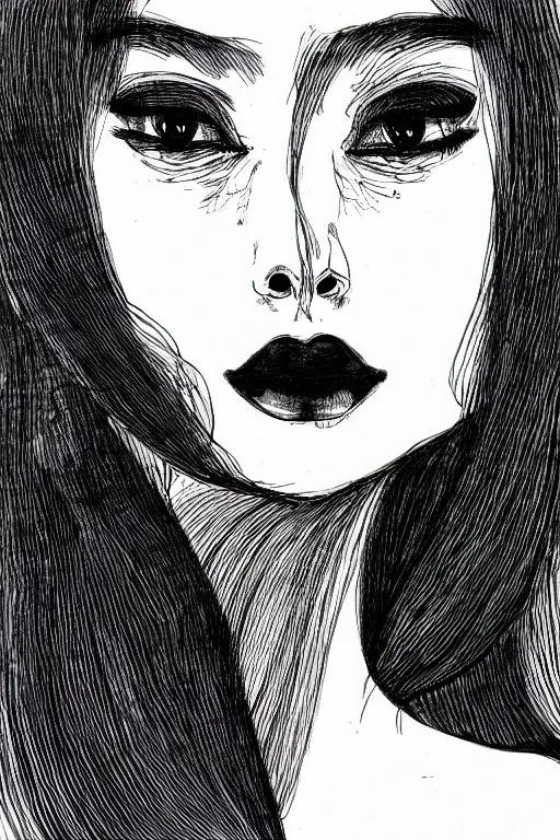 Prompt: ink lineart drawing of a beautiful young woman, dark lips, round eyes, white background, artstation, etchings by goya, chinese brush pen, illustration, high contrast, deep black tones contour