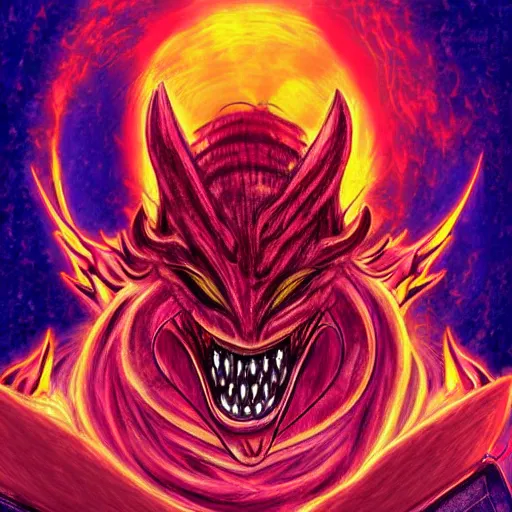 Image similar to a demon using a laptop ~ evil smile ~ lava background ~ digital art ~