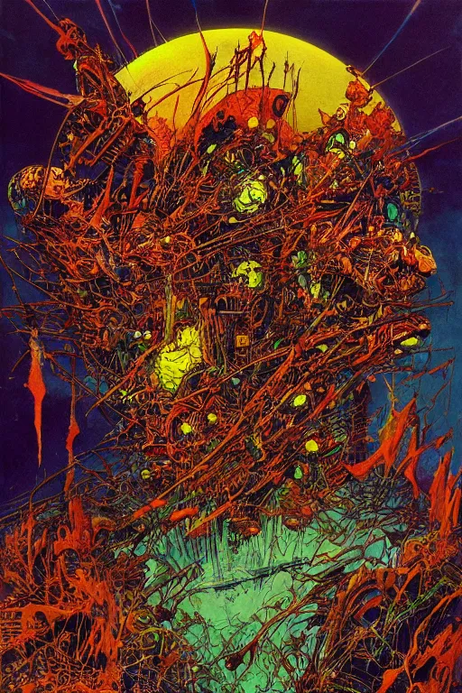 Prompt: energy of the body always goes somewhere, the dead are still here, art by philippe druillet and arthur suydam and jeffrey catherine jones, oil painting, front lighting first - person view telephoto lens, fractalism, vaporwave, profile picture, dadaism