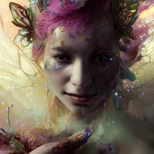 Prompt: face 1 1 1 closeup of magical fairy flowers mffkt and ice velvet, vapvap, diamonds, angels, 3 d render, hyper - realistic detailed portrait, holding fire and electricity rainbow, ruan jia, wlop. scifi, fantasy, magic the gathering, hyper detailed, octane render, concept art, peter mohrbacher c 2 0