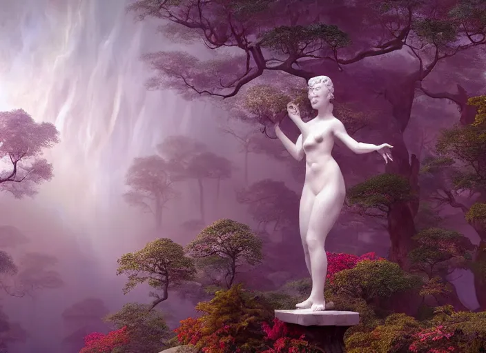 Prompt: a portrait of idealistic marble statue with fractal flowery hair and white fair porcelain face, in a magical forest, matte painting, painted by, mc escher, gordon onslow ford, georgia o'keeffe and ivan aivazovsky, cinematic light, god rays, colourful, unreal engine, zbrush central,