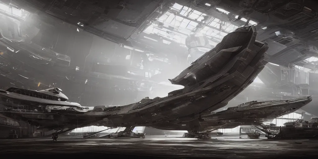 space ship battle cruiser in the repair hangar, | Stable Diffusion