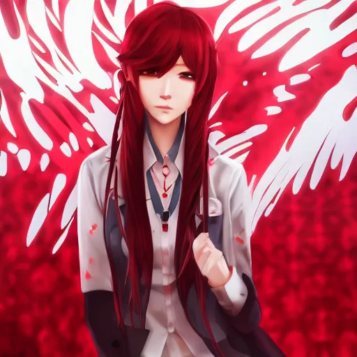 Image similar to kurisu makise, elegant, ultra highly detailed, digital painting, smooth, sharp focus, artstation, top-down shot, red background, art by Ina Wong