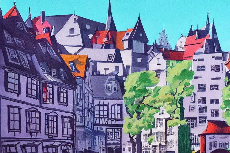 Image similar to !! gouache!! luxemburg in a sunny day, artwork by tooth wu, colorful contrast,!!!! very coherent!!!!, dark shadow, thick lineart