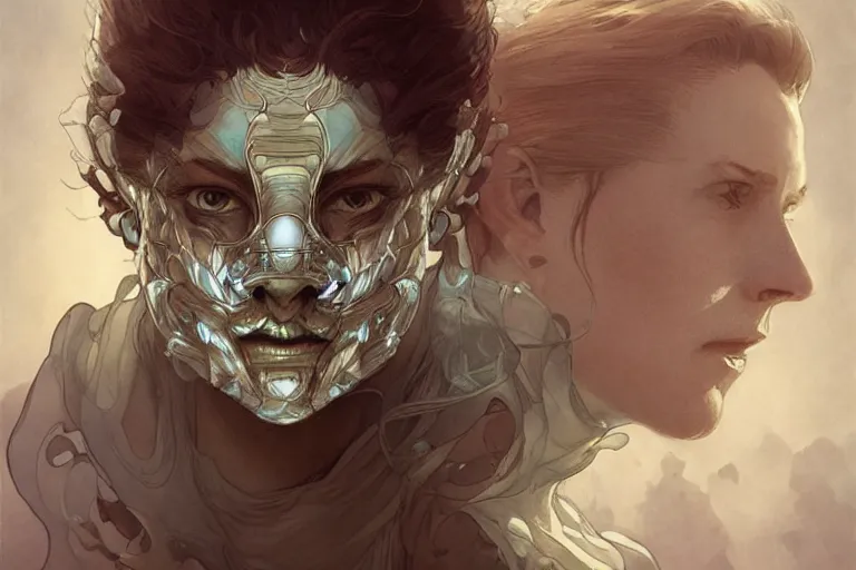 Prompt: glass sponge bauta mask detailed face, illustration by wlop and artgerm and greg rutkowski, gerald brom, alphonse mucha, frank franzetta, craig mullins, intricate linework, sharp focus, smooth