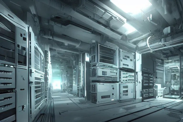 Image similar to parallax datacenter server room single mono colossus white rusty android robosaurus guard in artstation cinematic detailed concept art volumetric light sharp coherent cgsociety symmetric perfect server equipment