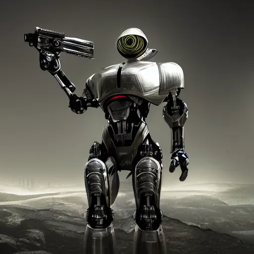 Image similar to robot warrior holding a gun in the style of crysis, standing, full body, concept art, futuristic, octane render, clean, realistic, 3 point lighting