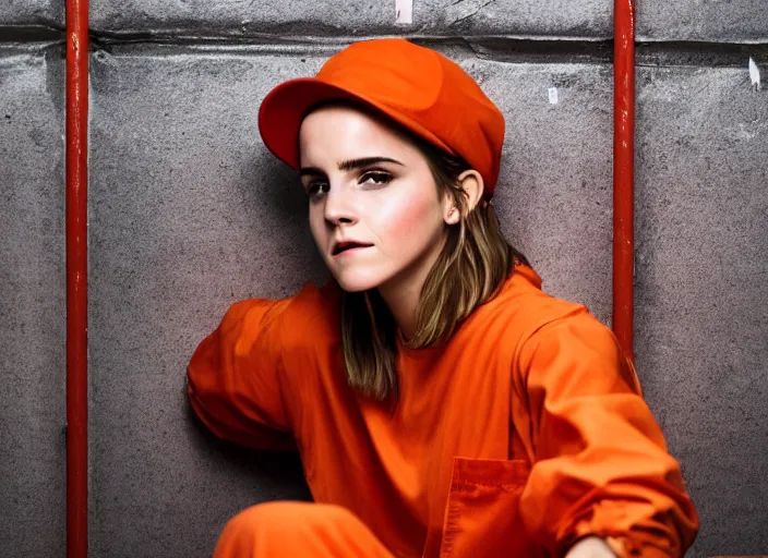 Image similar to photo of emma watson sitting in a jail cell wearing an orange jumpsuit and a red hat, defocused bars in the foreground, detailed face, 8 k, 8 5 mm f 1. 8