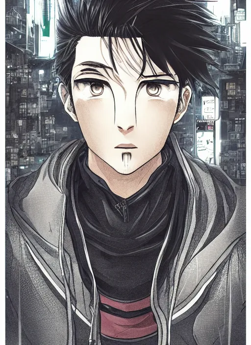 Prompt: manga cover, black-haired man wearing a black hoodie, stubble, thick eyebrows, short hair, intricate cyberpunk city, emotional lighting, character illustration by tatsuki fujimoto