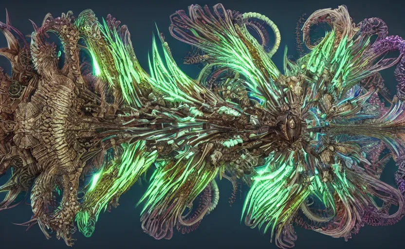 Prompt: sci - fi biomechanical, mandelbulb 3 d, colored, unreal engine, fractal flame, monster character design, fantasy. intricate jellyfish crab eagle lizard biomechanical. by ernst haeckel