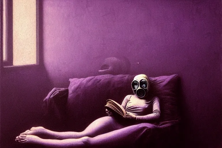 Prompt: girl with wearing a gas mask lying on the sofa reading a book in her room, in the style of beksinski, peaceful, calm, ambient, dreamy, intricate and epic composition, purple by caravaggio, insanely quality, highly detailed, masterpiece, purple light, artstation, 4 k