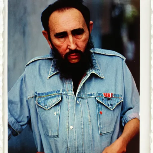 Image similar to fidel castro wearing denim shorts, full body portrait, 3 5 mm film, by nan goldin