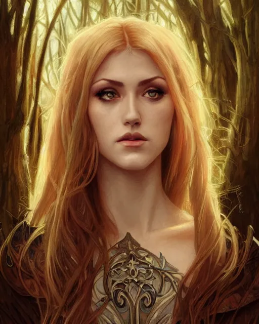 Image similar to portrait of katherine mcnamara elven mage, dark, piercing eyes, gentle expression, elegant clothing, photorealistic, highly detailed, artstation, smooth, sharp focus, art by michael whelan, artgerm, greg rutkowski and alphonse mucha