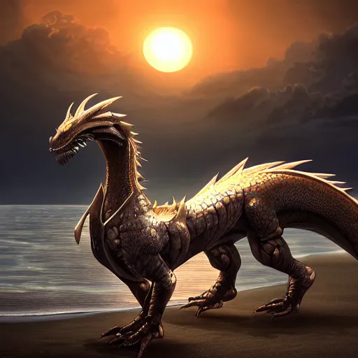 Prompt: realistic detailed stunning anthropomorphic female robot dragon doing an elegant pose, sleek streamlined armor and design, on the beach during sunset, high quality, artstation, deviantart, furaffinity