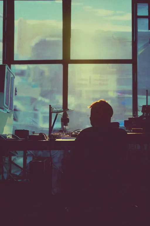 Prompt: agfa vista 4 0 0 photograph of a guy sitting at a computer desk in a cluttered room, back view, synth vibe, vaporwave colors, lens flare, moody lighting, moody vibe, telephoto, 9 0 s vibe, blurry background, grain, tranquil, calm, faded!,