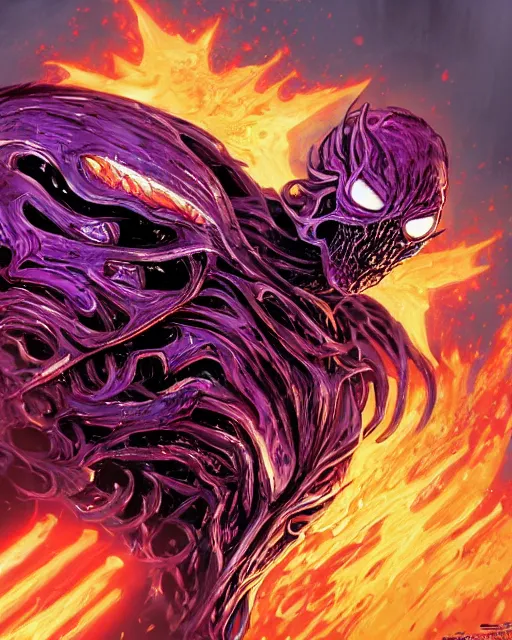 Image similar to ghost rider symbiote, purple and red variant, dynamic lighting, fantasy concept art, trending on art station, stunning visuals, creative, cinematic, ultra detailed, comic strip style