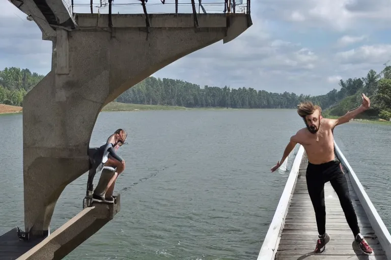 Image similar to pewdiepie jumping off a bridge