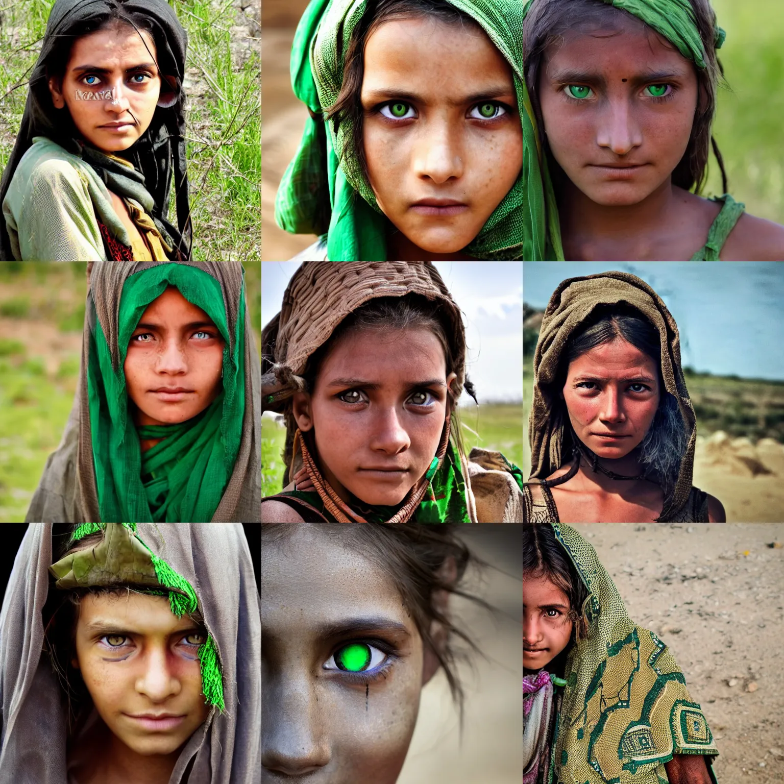 Prompt: Nomad girl with green eyes looking into camera