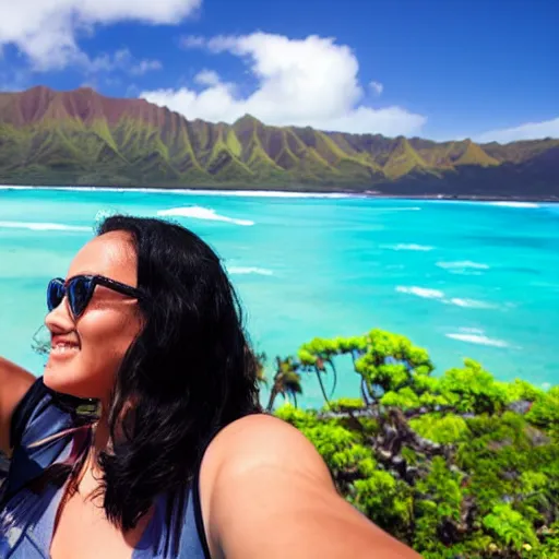 Image similar to A tourist taking a selfie at a tourist resort in Hawaii