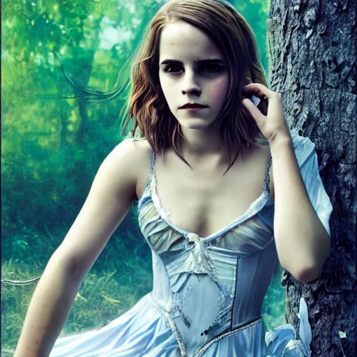 Image similar to Emma Watson in a nymph costume striking a pose, naturist, portrait photography oil on canvas, intricate, portrait, 8k highly professionally detailed, HDR, CGsociety