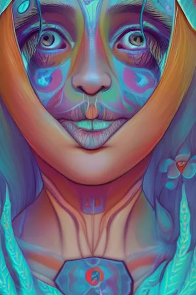 Image similar to little girl character inspired in indigenous and blue arara, digital art by ruan jil and lois van baarle highly detailed, anatomically correct, symmetrical, experimental design, extremely coherent, psychedelic background p