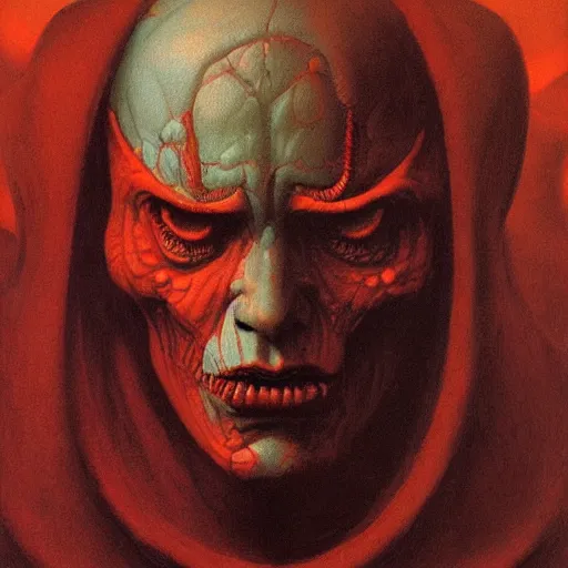 Image similar to inquisitor of Mephistopheles portrait by gerald brom and Zdzisław Beksiński, darkwave