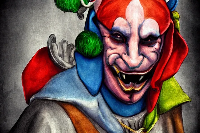 Image similar to medieval jester, colorful, sinister, digital art,