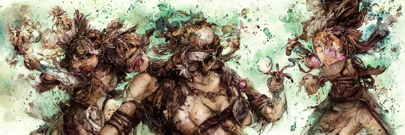 Prompt: plant based warrior monk wearing augmented reality visor and seductive owl sorceress fighting side by side by Jean-Baptiste Monge, post processing, painterly, book illustration watercolor granular splatter dripping paper texture. Trending on artstation, post processing, pen and ink work. sharp focus.