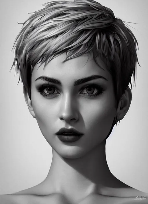 Prompt: up close portrait of a beautiful woman in black and white, photorealistic, pixie cut, intricate hair, rule of thirds, art by diego fazio and diegoKoi and oscar Ukono, concept art, sharp focus, artgerm, 8k highly detailed